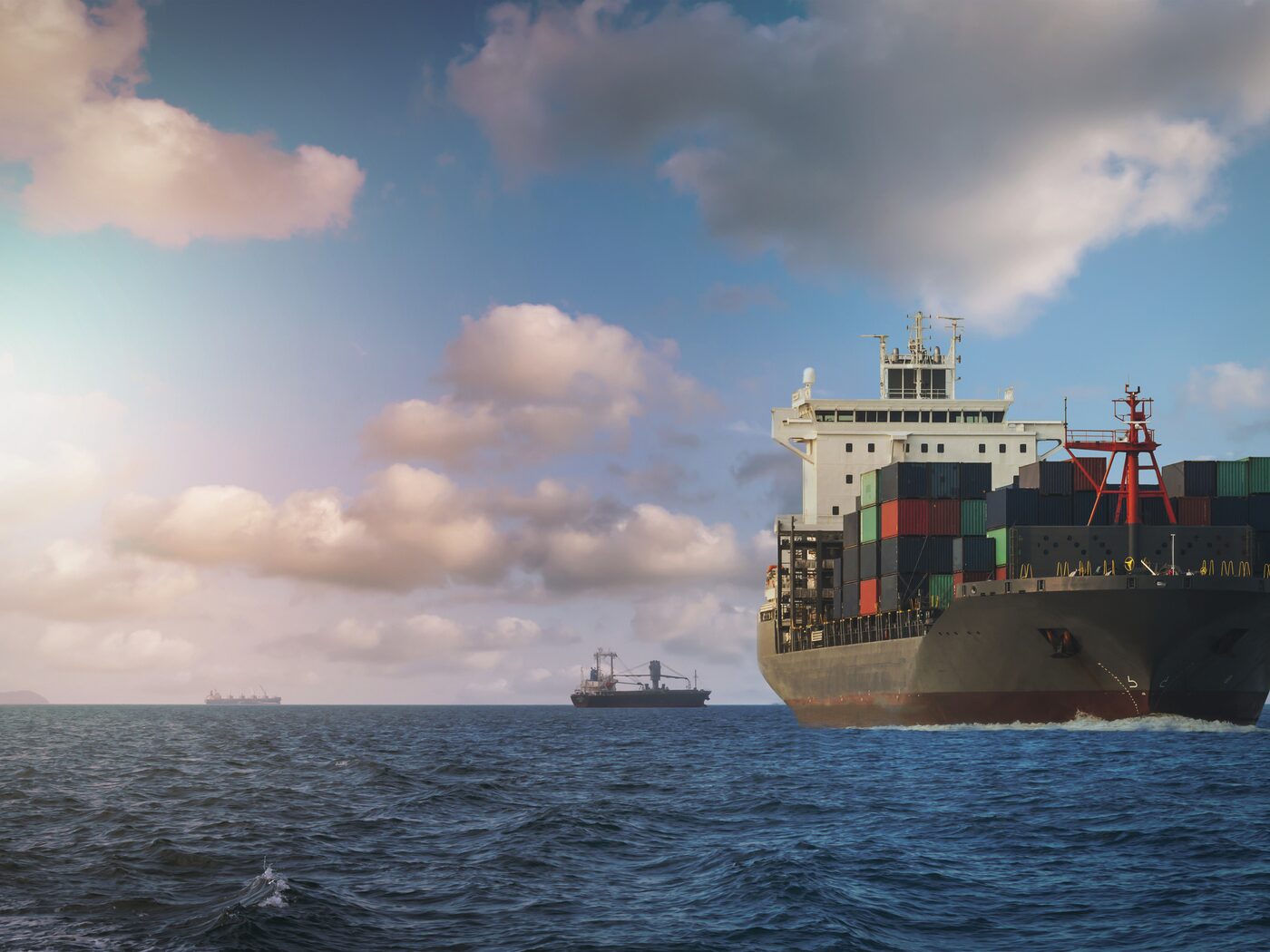 A container ship under way at sea